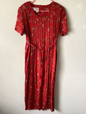 Red Floral Maxi Dress with Pleated Bodice and Self-Tie Waist